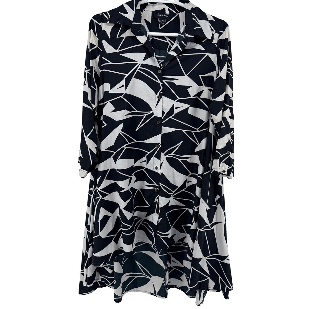 Step In Style Shirt Dress Women L Black White Abstract Geometric High Low Pocket